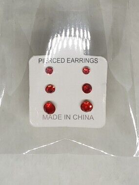 $1 | Red | Multi‑Size 3‑Pair Rhinestone Stud Earring Set